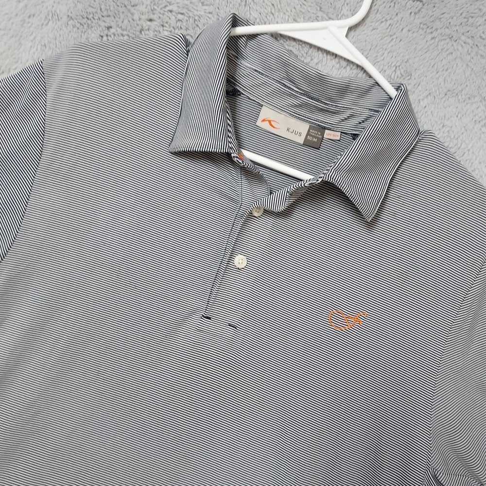 Kjus Polo Shirt Mens Size Medium Striped UPF 50 Golf Athletic Blue White FLAWS